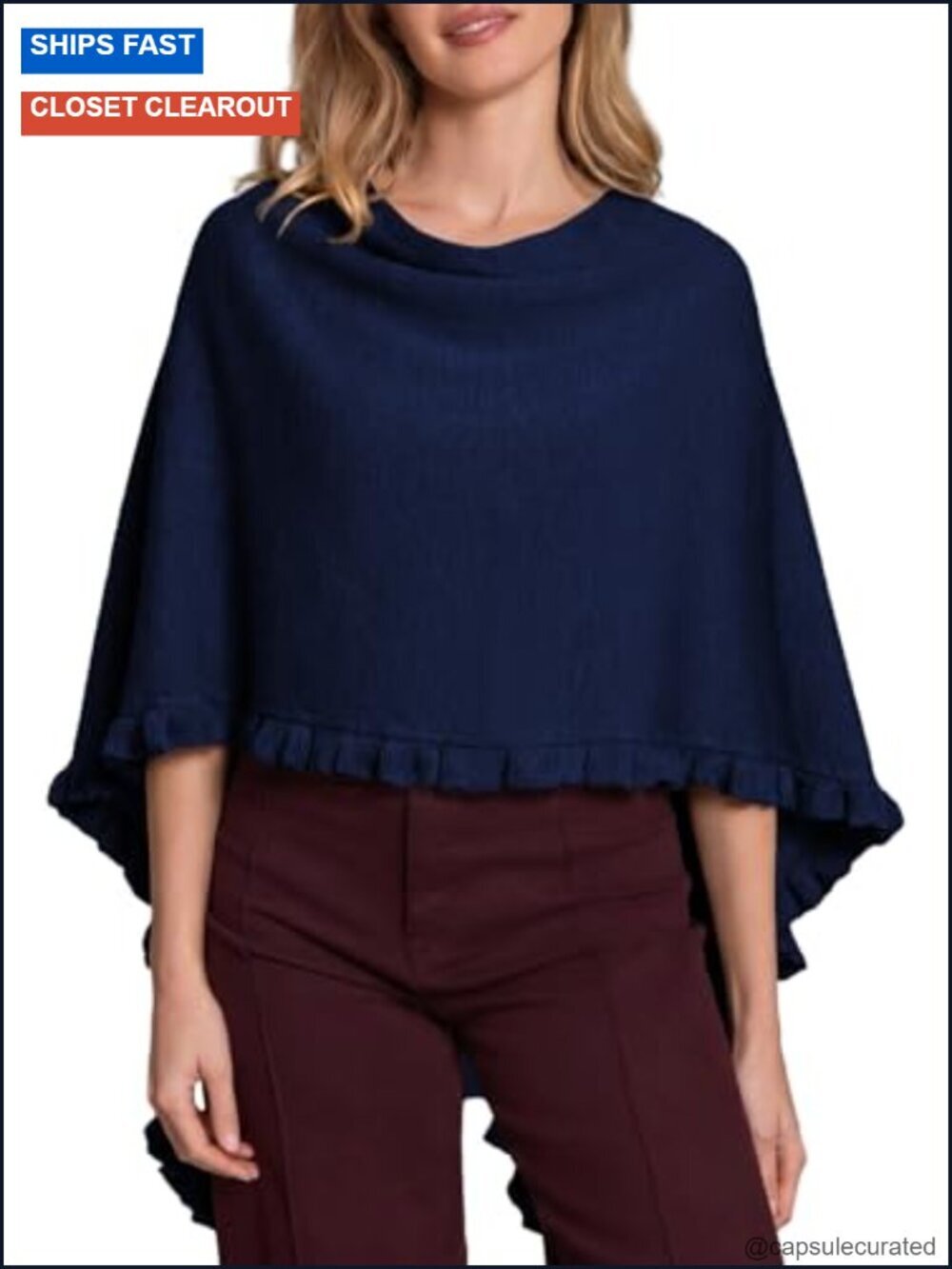 Lightweight Knit Poncho Sweater with Ruffle Hem
